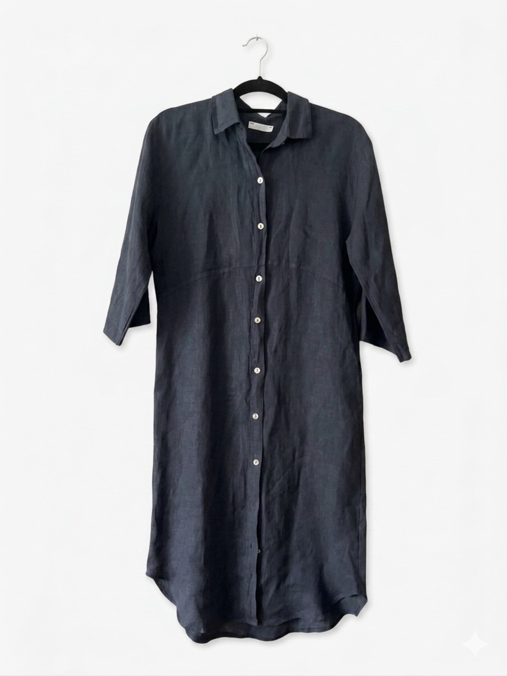 Milio Milano Solid Midi-Length Linen Dress - Navy Blue Size M - Picture 4 of 5